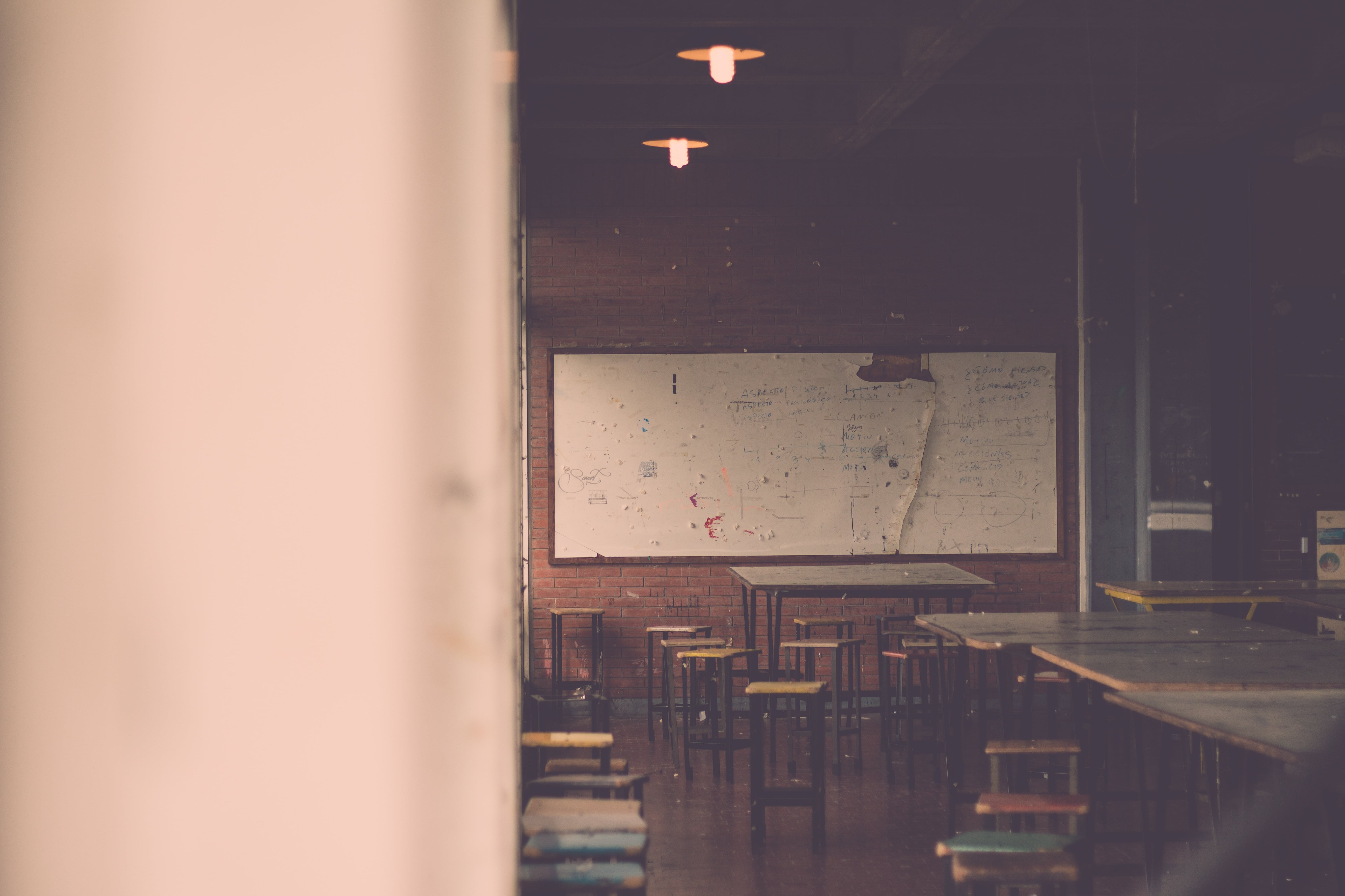 A classroom showing empty seats