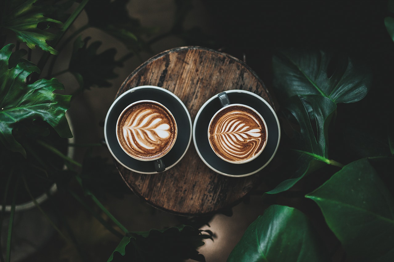 Two cups of coffee on a table surrounded by plants