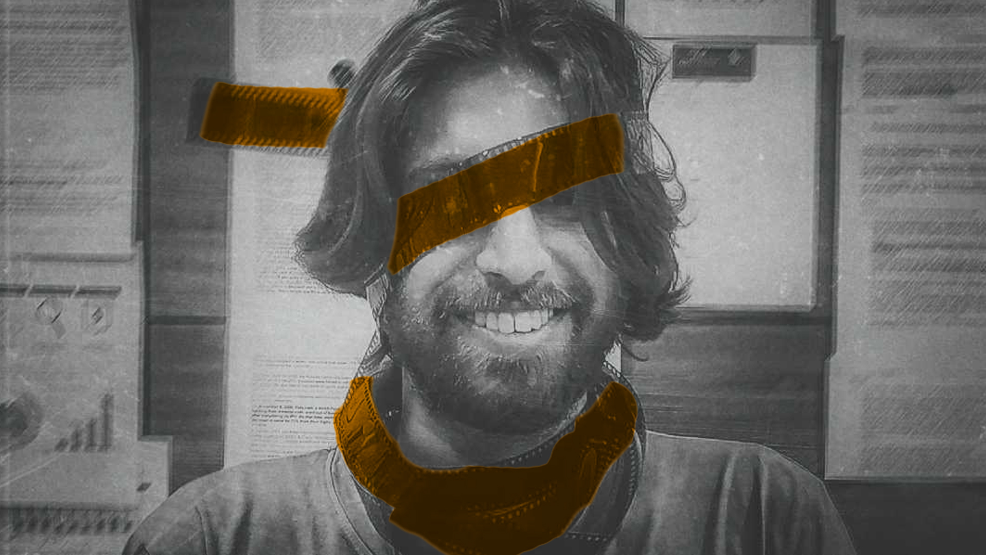 Adult man's face wrapped with camera film roll