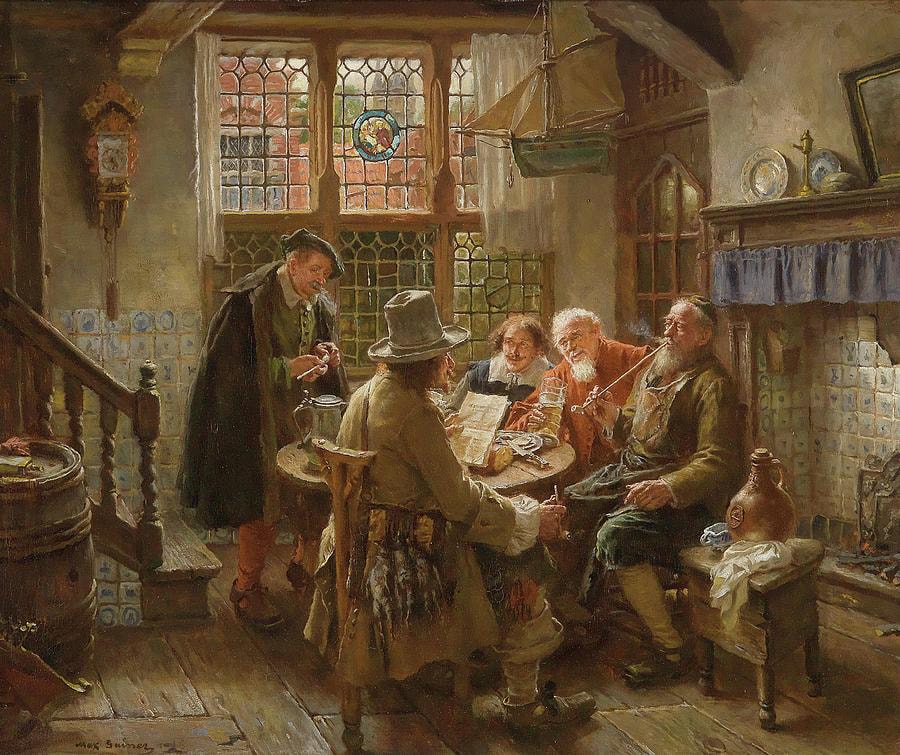 Painting showing men discussing over a meeting table