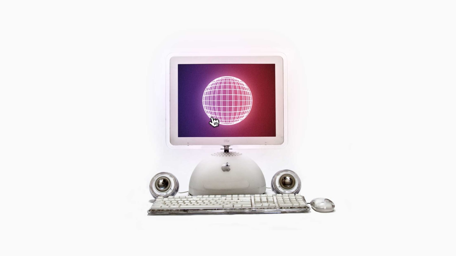 White iMac G4 with a colorful illustration of a globe in it