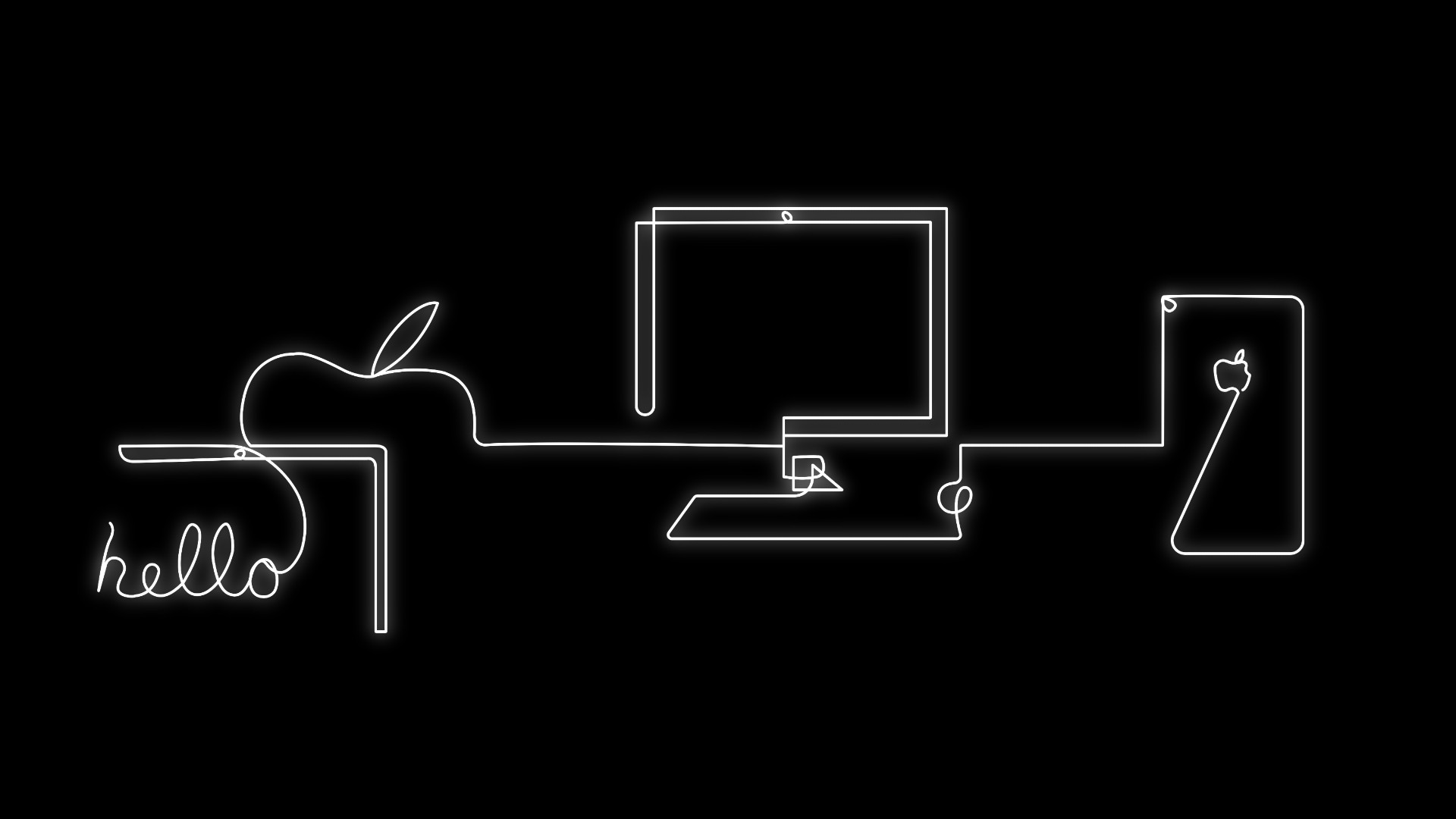 Line art design of Apple product lineup including a Mac and an iPhone