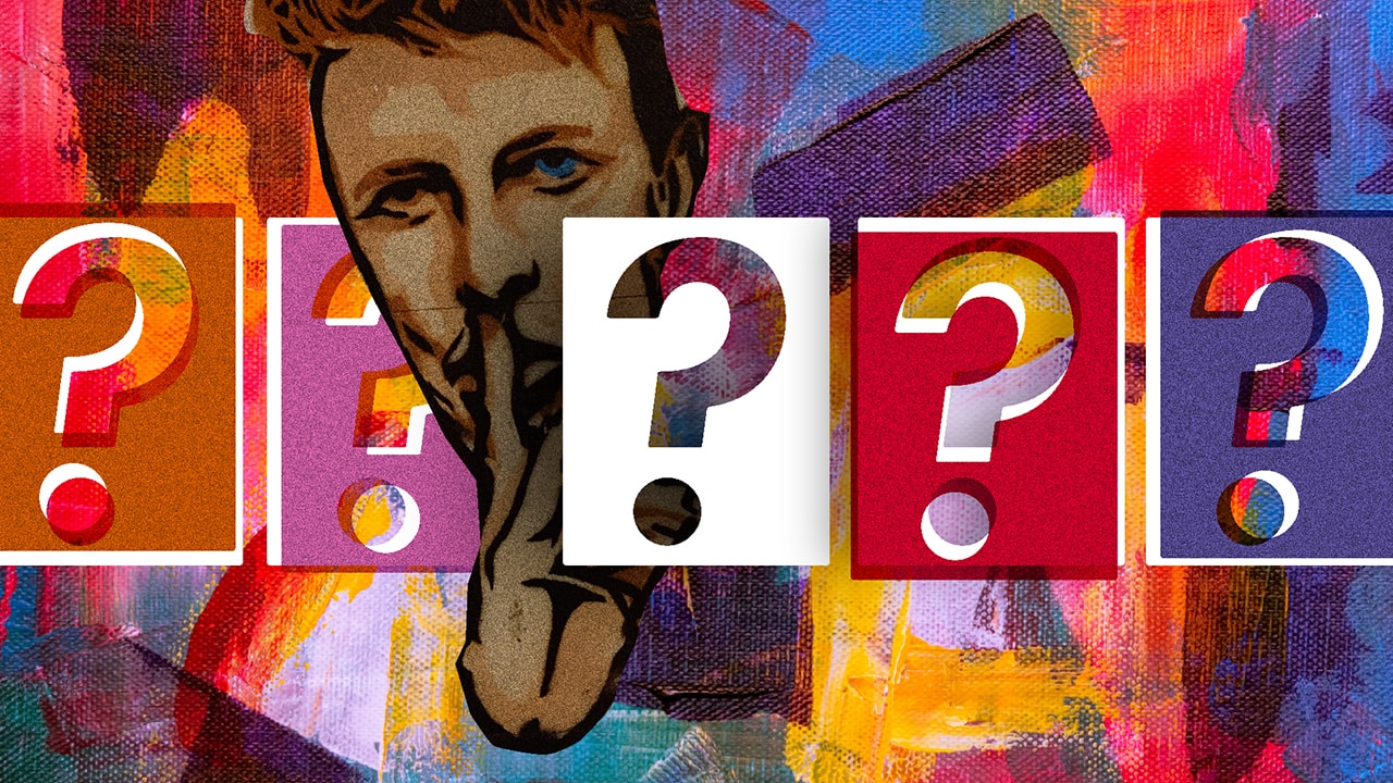 Abstract art of a face behind question marks